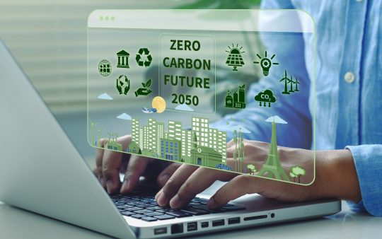 Zero Carbon Future on computer screen, concept, zero carbon goal, net zero emission goal and the long term climate neutral strategy.