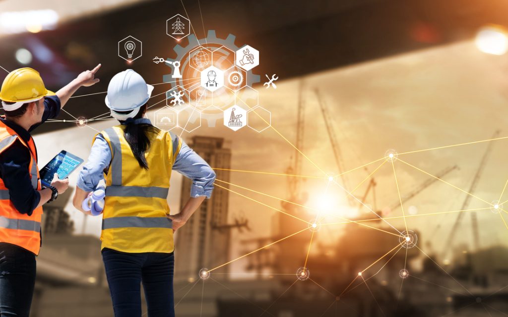 Engineer and Architect analyzing of under construction project with technology and new innovative on digital tablet and icon network of construction on virtual interface.